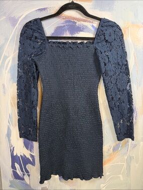 Abercrombie & Fitch Navy Smocked Mini Dress Lace Long Sleeve Square Neck XXS